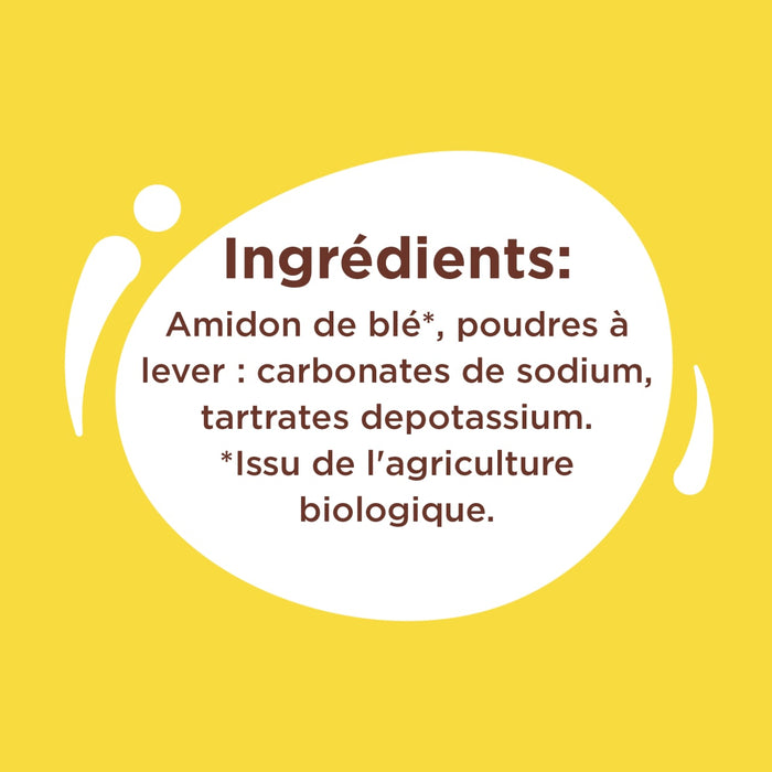 L'image affiche une liste d'ingrédients comprenant de l'amidon de blé, des carbonates de sodium et des tartrates de depotassium, avec une note indiquant qu'il est issu de l'agriculture biologique.