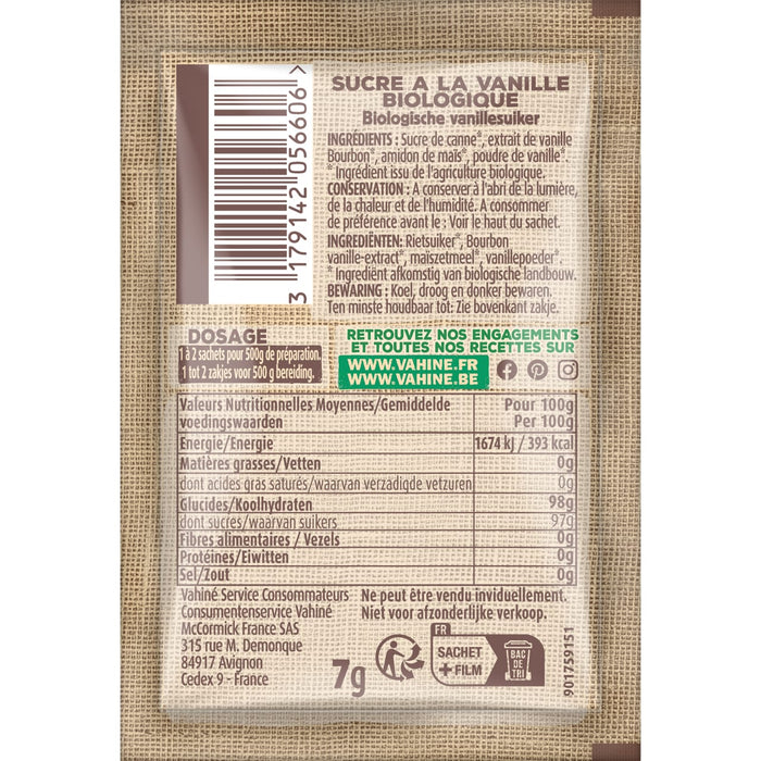 Un sachet de sucre vanillAC BioTime avec des informations nutritionnelles et un code-barres.