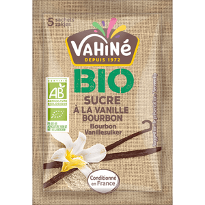 Paquet de sucre vanillAC VahinAC BIO prACsentant une fleur et une gousse de vanille.