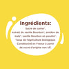 L'image présente une liste d'ingrédients pour un produit alimentaire, comprenant du sucre de canne biologique, de l'extrait de vanille Bourbon, de l'amidon de maïs et de la vanille Bourbon en poudre, conditionné en France à partir de sucre d'origine non UE.