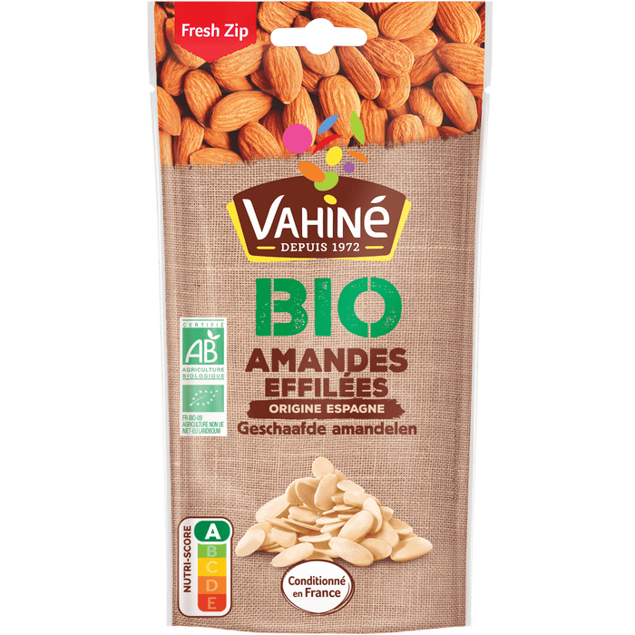 Un paquet d'amandes blanchies Vahiné BIO, mettant en valeur la marque et le produit.