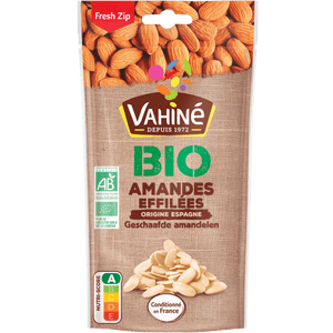 Un paquet d'amandes blanchies Vahiné BIO, mettant en valeur la marque et le produit.