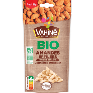 Un paquet d'amandes blanchies Vahiné BIO, mettant en valeur la marque et le produit.