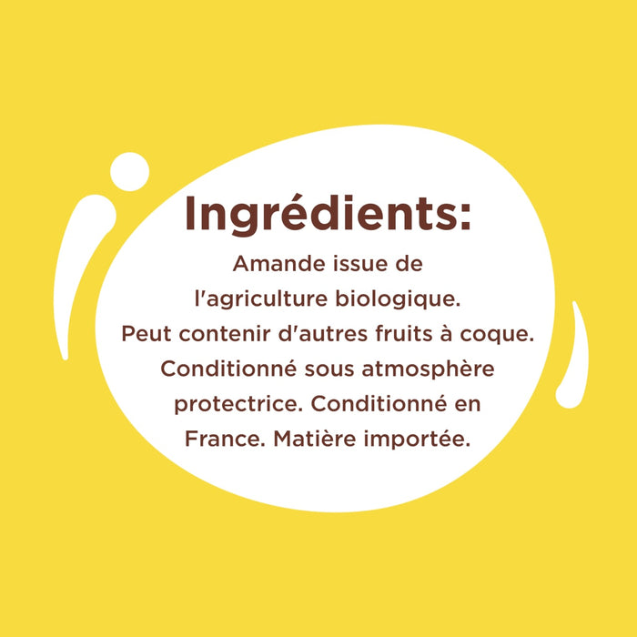 L'image affiche la liste des ingrédients d'un produit, mettant en avant des amandes issues de l'agriculture biologique et un avertissement concernant d'éventuelles traces d'autres fruits à coque.
