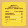 L'image montre un tableau des valeurs nutritionnelles moyennes pour 100g, incluant l'énergie, les matières grasses, les glucides, les fibres alimentaires, les protéines et le sel.