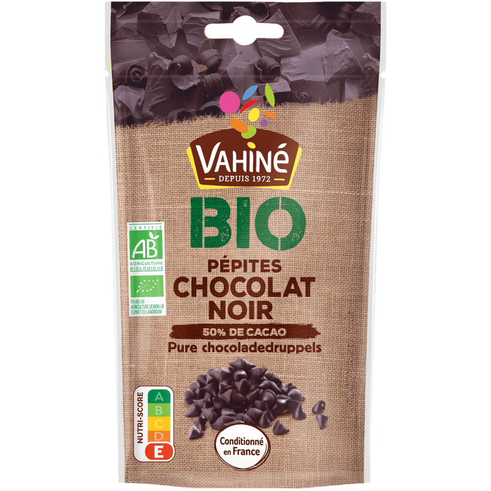 Un sachet de pépites de chocolat noir bio Vahiné Bio pour la pâtisserie.