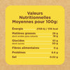 L'image montre une étiquette de valeurs nutritionnelles moyennes pour 100g, indiquant l'énergie, les matières grasses, les glucides, les fibres alimentaires, les protéines et le sel.