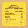 L'image montre une étiquette de valeurs nutritionnelles moyennes pour 100g, indiquant l'énergie, les matières grasses, les glucides, les fibres alimentaires, les protéines et le sel.