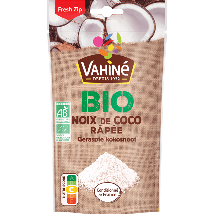 Un paquet de noix de coco râpée Vahiné BIO est présenté, mettant en évidence sa certification biologique et ses informations nutritionnelles.