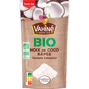 Un paquet de noix de coco râpée Vahiné BIO est présenté, mettant en évidence sa certification biologique et ses informations nutritionnelles.