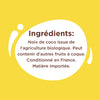 L'image montre la liste des ingrédients d'un produit, qui comprend de la noix de coco biologique et un avertissement indiquant qu'il peut contenir d'autres fruits à coque, et précise qu'il est conditionné en France avec des matières importées.