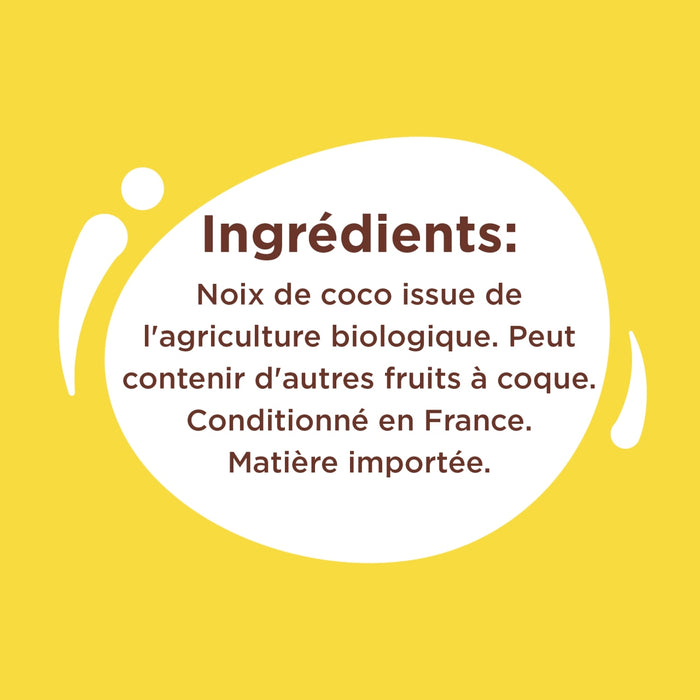 L'image montre la liste des ingrédients d'un produit, qui comprend de la noix de coco biologique et un avertissement indiquant qu'il peut contenir d'autres fruits à coque, et précise qu'il est conditionné en France avec des matières importées.