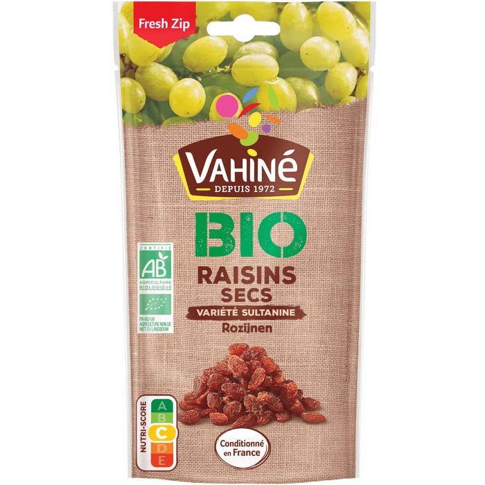 Un paquet de Raisins Secs Bio Vahiné, avec une image de raisins frais et secs.