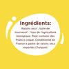 L'image montre la liste des ingrédients d'un produit, incluant des raisins secs, de l'huile de tournesol et des informations sur l'agriculture biologique, avec une note sur la présence possible de fruits à coque et l'origine.