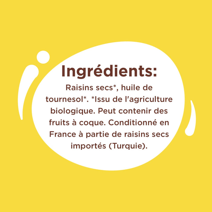 L'image montre la liste des ingrédients d'un produit, incluant des raisins secs, de l'huile de tournesol et des informations sur l'agriculture biologique, avec une note sur la présence possible de fruits à coque et l'origine.