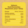 Les valeurs nutritionnelles pour 100g sont indiquées dans un carré jaune.