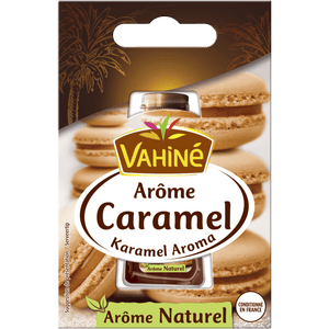 Emballage de l'arôme caramel Vahiné avec des macarons, mettant en valeur son arôme naturel de caramel.