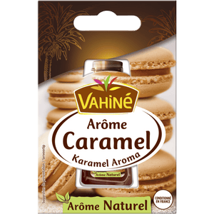 Emballage de l'arôme caramel Vahiné avec des macarons, mettant en valeur son arôme naturel de caramel.