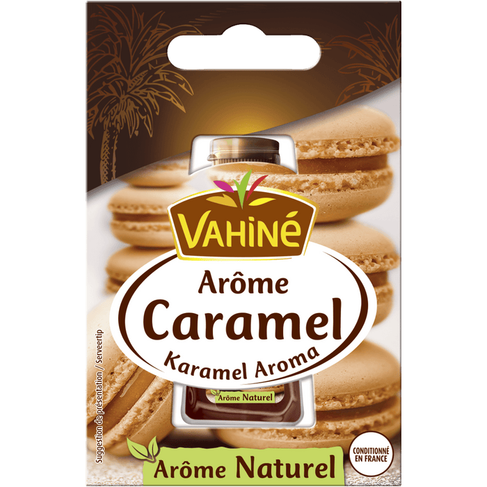 Emballage de l'arôme caramel Vahiné avec des macarons, mettant en valeur son arôme naturel de caramel.