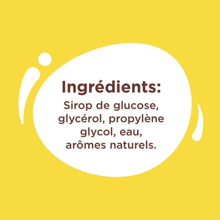 L'image montre une liste d'ingrédients comprenant du sirop de glucose, du glycérol, du propylène glycol, de l'eau et des arômes naturels.