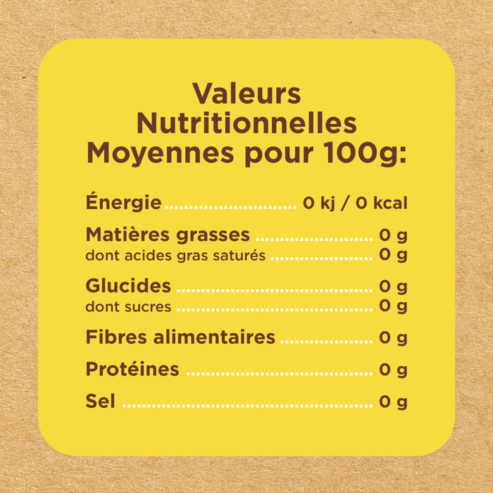 Étiquette d'information nutritionnelle avec un fond jaune et un texte marron indiquant les valeurs nutritionnelles moyennes pour 100g pour l'énergie, les matières grasses, les glucides, les fibres, les protéines et le sel.