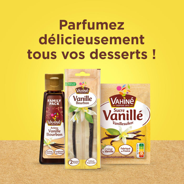 L'image prACsente les produits vanille de la marque VahinAC, notamment l'extrait de vanille, les gousses de vanille et le sucre vanillAC, avec le texte Parfumez dAClicieusement tous vos desserts!.