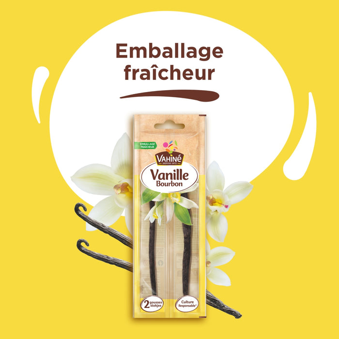 Un emballage de gousses de vanille Albert MACnA?s est prACsentAC sur un fond de fleurs de vanille et un design jaune soulignant la fraARcheur.