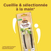 Un emballage de gousses de vanille Vanille Bourbon, soulignant qu'elles sont cueillies et sAClectionnACes A? la main.