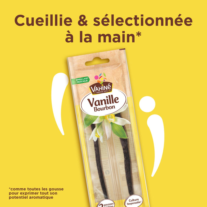 Un emballage de gousses de vanille Vanille Bourbon, soulignant qu'elles sont cueillies et sAClectionnACes A? la main.