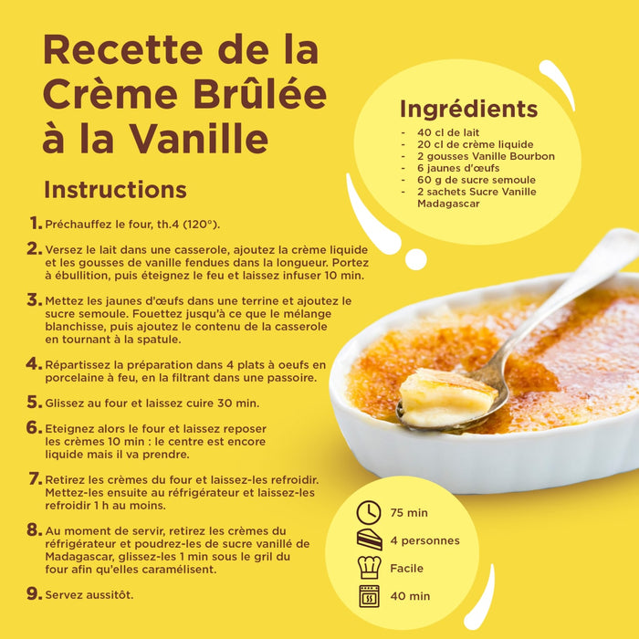 Une recette de crA?me brA>lACe A? la vanille est prACsentACe avec une liste d'ingrACdients et des instructions.