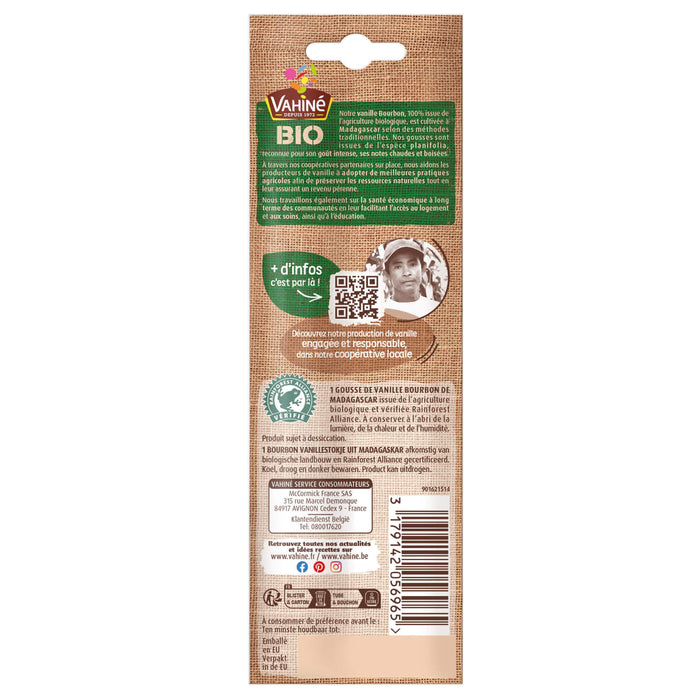 L'image montre le dos d'un emballage de produit biologique Jardin Bio avec des informations sur le produit et ses certifications.