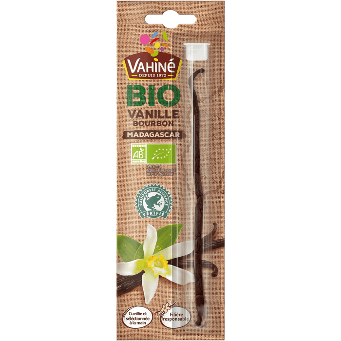 Un emballage de gousse de vanille Bourbon BIO Wani est présenté.