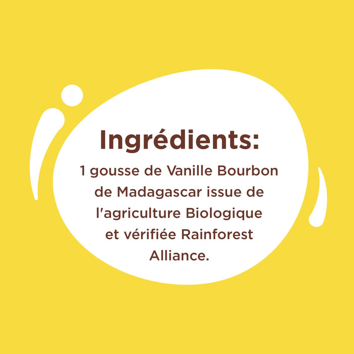 L'image présente les ingrédients d'un produit, dont une gousse de vanille Bourbon de Madagascar, issue de l'agriculture biologique et certifiée Rainforest Alliance.