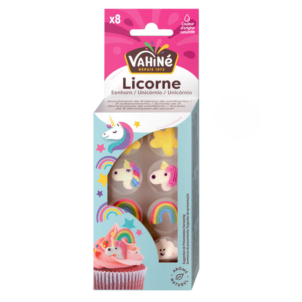 Un paquet de dACcorations comestibles VahinAC Licorne pour cupcakes et desserts avec des motifs de licornes et d'arcs-en-ciel.