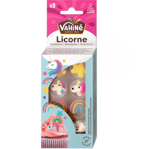 Un emballage de décorations pour gâteaux sur le thème de la licorne Vahiné Licorne est présenté.