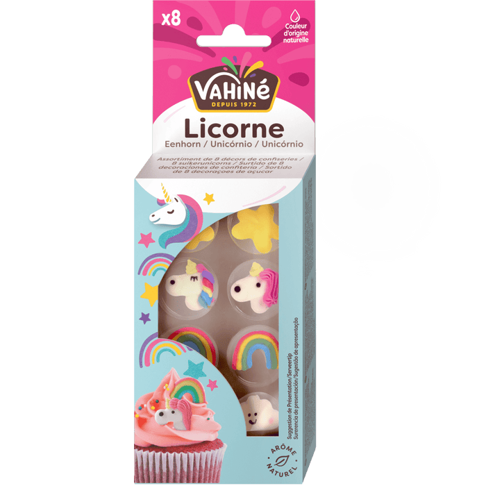 Un emballage de décorations pour gâteaux sur le thème de la licorne Vahiné Licorne est présenté.