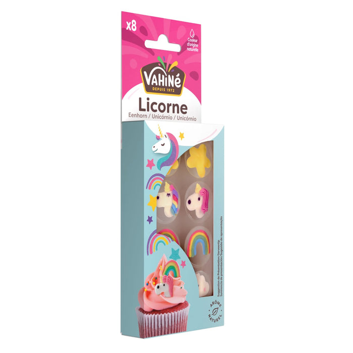 Un paquet de dACcorations pour gActeaux sur le thA?me de la licorne VahinAC Licorne est prACsentAC, avec des tAates de licorne colorACes, des arcs-en-ciel et des ACtoiles.