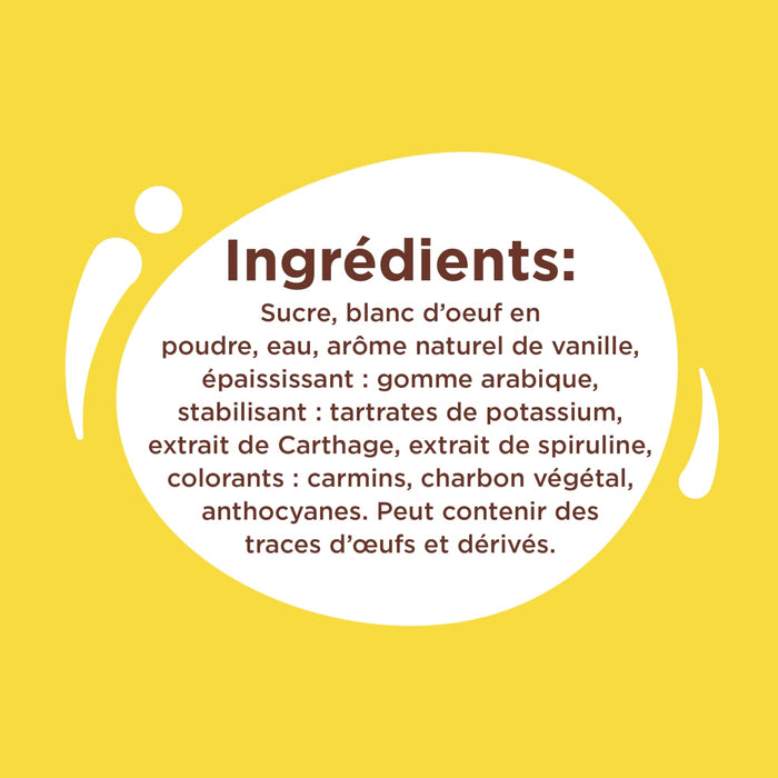 L'image affiche une liste d'ingrédients comprenant du sucre, du blanc d'œuf en poudre, un arôme naturel de vanille, ainsi que divers stabilisants et colorants.