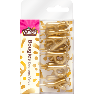 Un paquet de bougies dorées Vixi Joyeux Anniversaire.