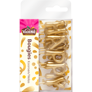 Un paquet de bougies dorées Vixi Joyeux Anniversaire.