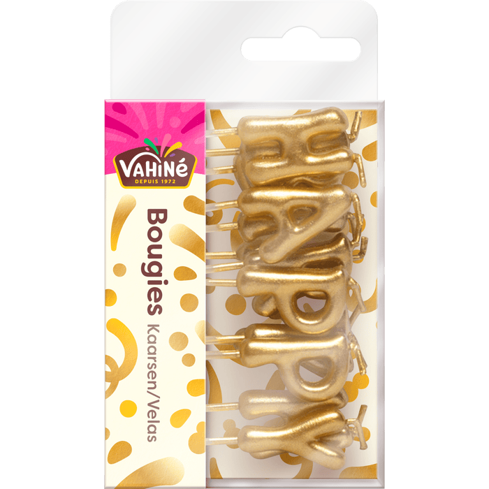 Un paquet de bougies dorées Vixi Joyeux Anniversaire.