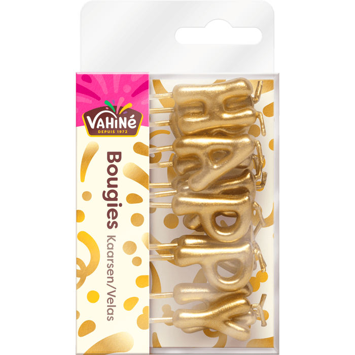 Un paquet de bougies dorées Vixi Joyeux Anniversaire.