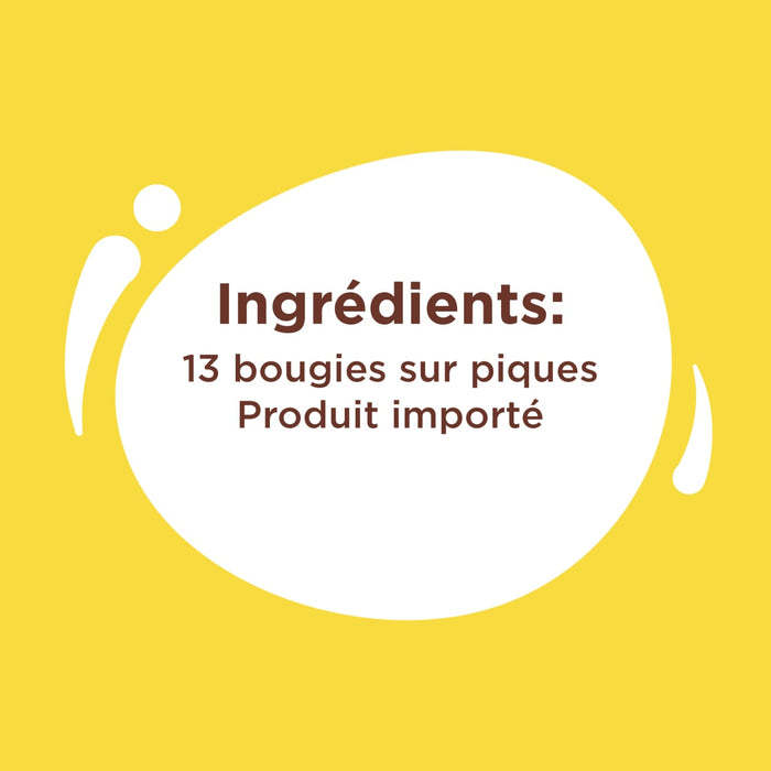 L'image affiche les ingrédients d'un produit: 13 bougies sur piques, et c'est un produit importé.