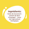 L'image montre la liste des ingrédients d'un produit, notamment de l'huile de tournesol et de l'extrait de fleur d'oranger, tous issus de l'agriculture biologique.