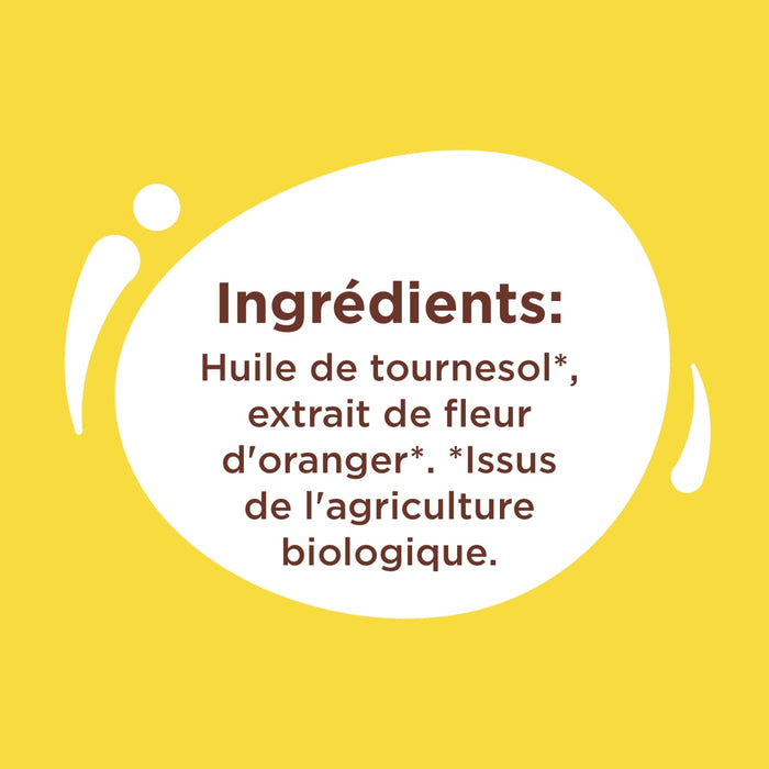 L'image montre la liste des ingrédients d'un produit, notamment de l'huile de tournesol et de l'extrait de fleur d'oranger, tous issus de l'agriculture biologique.