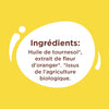 L'image montre la liste des ingrédients d'un produit, notamment de l'huile de tournesol et de l'extrait de fleur d'oranger, tous issus de l'agriculture biologique.