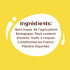 L'image montre la liste des ingrédients d'un produit, qui comprend des noix biologiques et un avertissement qu'il peut contenir d'autres fruits à coque, et indique qu'il est conditionné en France avec des matières importées.