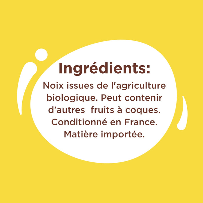 L'image montre la liste des ingrédients d'un produit, qui comprend des noix biologiques et un avertissement qu'il peut contenir d'autres fruits à coque, et indique qu'il est conditionné en France avec des matières importées.