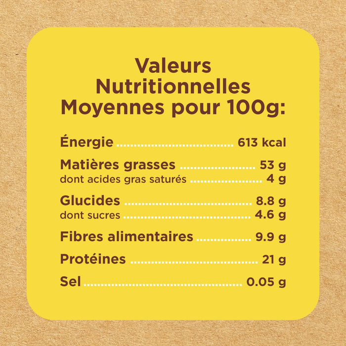 Valeurs nutritionnelles moyennes pour 100g, incluant l'énergie, les matières grasses, les glucides, les fibres, les protéines et le sel.