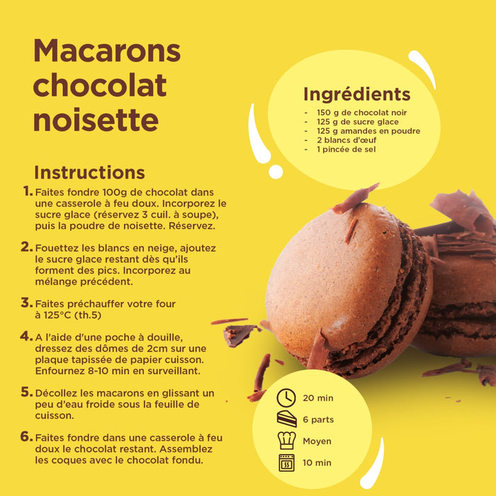 Cette image prACsente une recette de macarons chocolat noisette, incluant une liste d'ingrACdients et des instructions ACtape par ACtape.